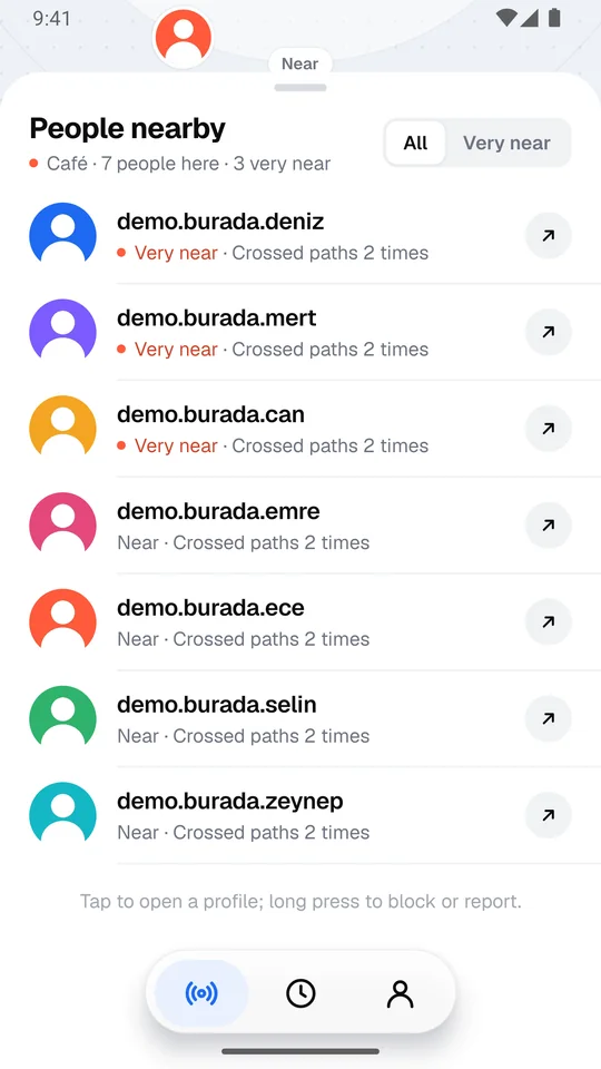 Nearby list: demo usernames and placeholder photos