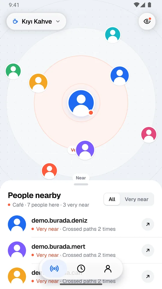 Home screen: you in the middle, people nearby on the rings around you and the name of the place