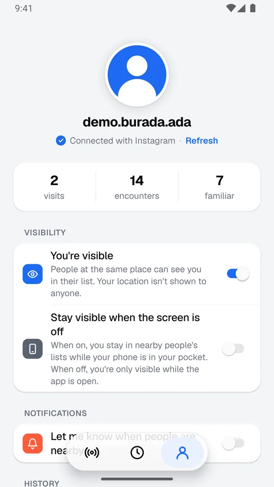 Profile screen: visibility and notification settings